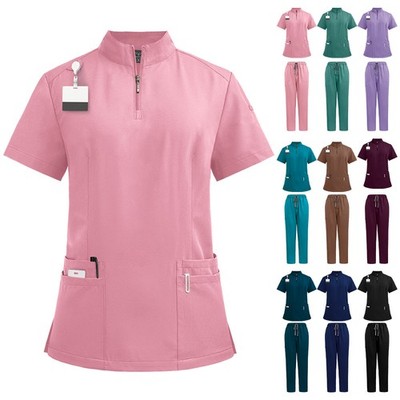 Women Men Medical Doctor Nurse Uniform Scrubs Zip Shirt Pants Workwear Set S-XXL