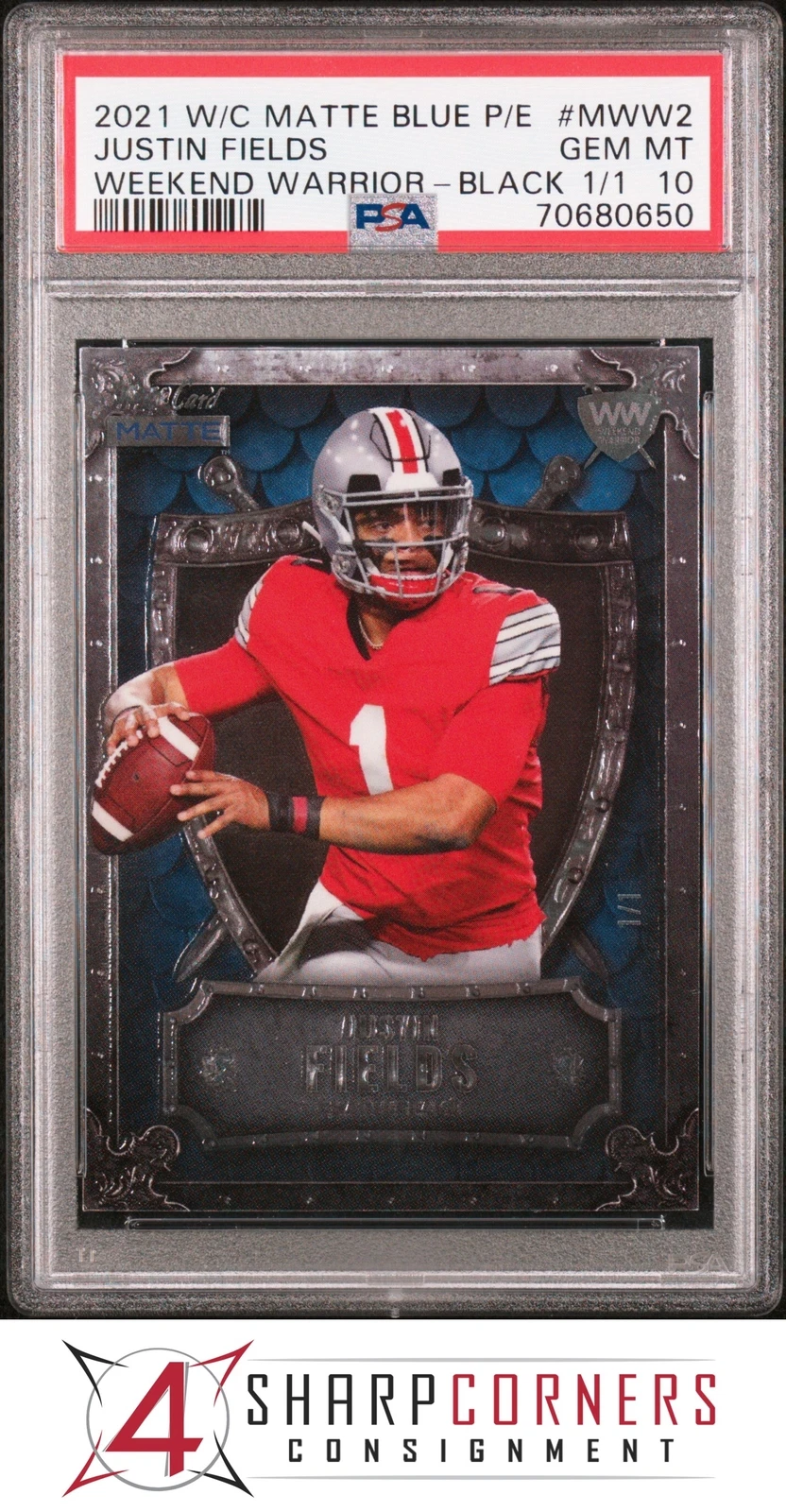 Justin Fields Wild Card Matte Blue Premier Edition Weekend Warriors #MWW2 Black 1/1