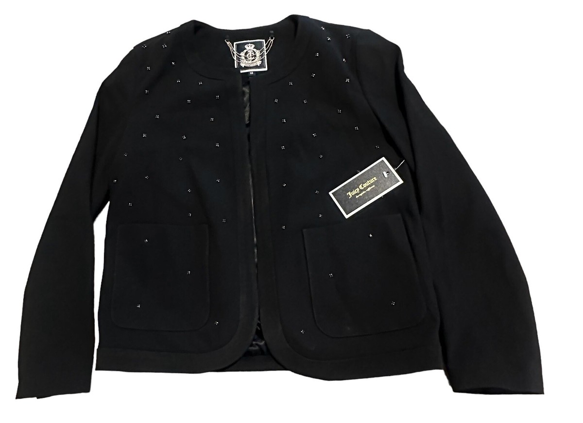 Juice Couture Womens Suit Jacket Blazer Black Geometric Open Front