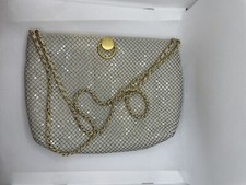 Vintage Cream Colored Clutch Purse With Gold And White Strap Gold Circle Front