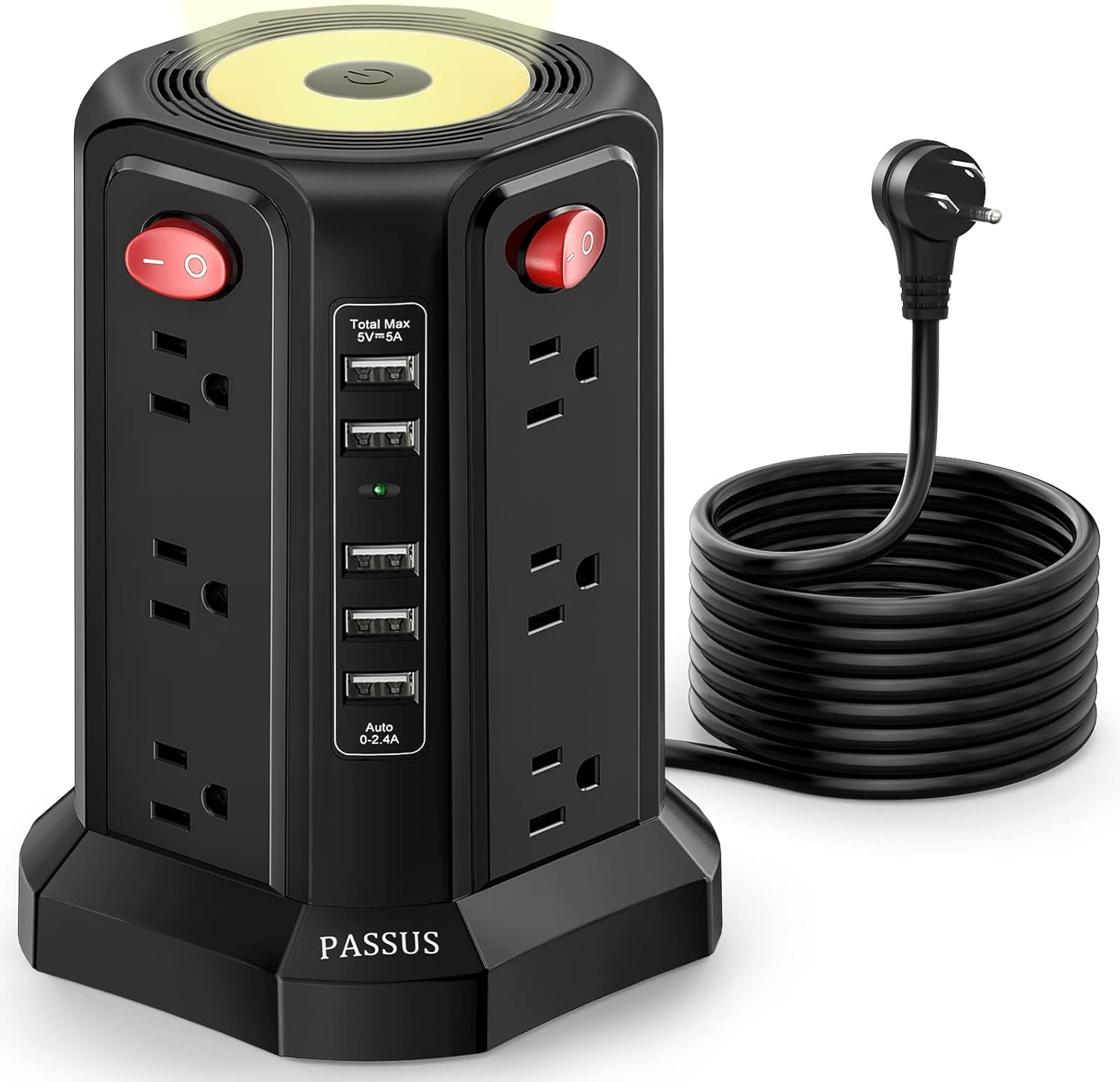 Surge Protector Power Strip Tower with 5 USB Ports and Night Light,10Ft Exten...-image