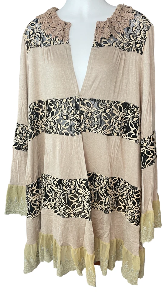 Cárdigan túnica mujer Lady Noiz tostado y negro con panel de encaje superpuesto talla grande 2XL Foto 2 de 4