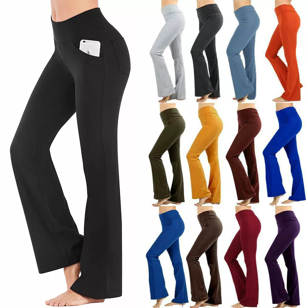 Womens Yoga Pants Flare Leg Fold Over Pockets Bootcut Gym Workout