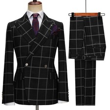 Men's Black Plaid Suits Peak Lapel Double Breasted Jacket Pant 2 Piece Slim Fit