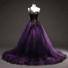 Black and Purple Gothic Wedding Dresses One Shoulder Lace Applique Bridal Gowns
