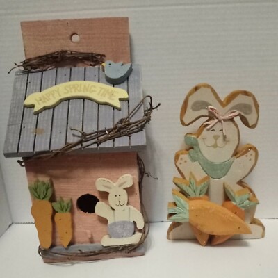 Easter~Happy Spring Time, Wooden Bird House with a Bunny & Carrots 