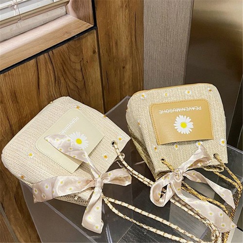 Gift Korean Women Straw Bags With Silk Scarf One Shoulder Bag Sunflower - Picture 12 of 12