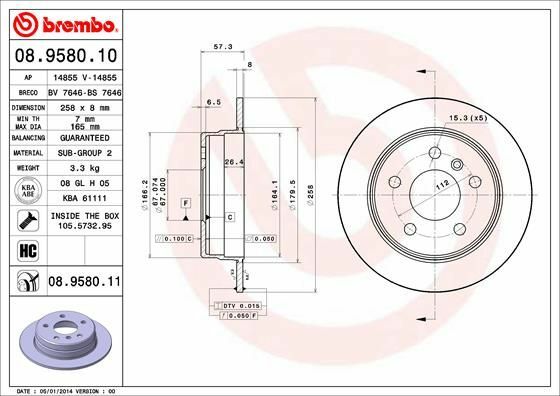 2X Brembo 08.9580.11 Bremsscheibe Hinten FüR MERCEDES-BENZ-image