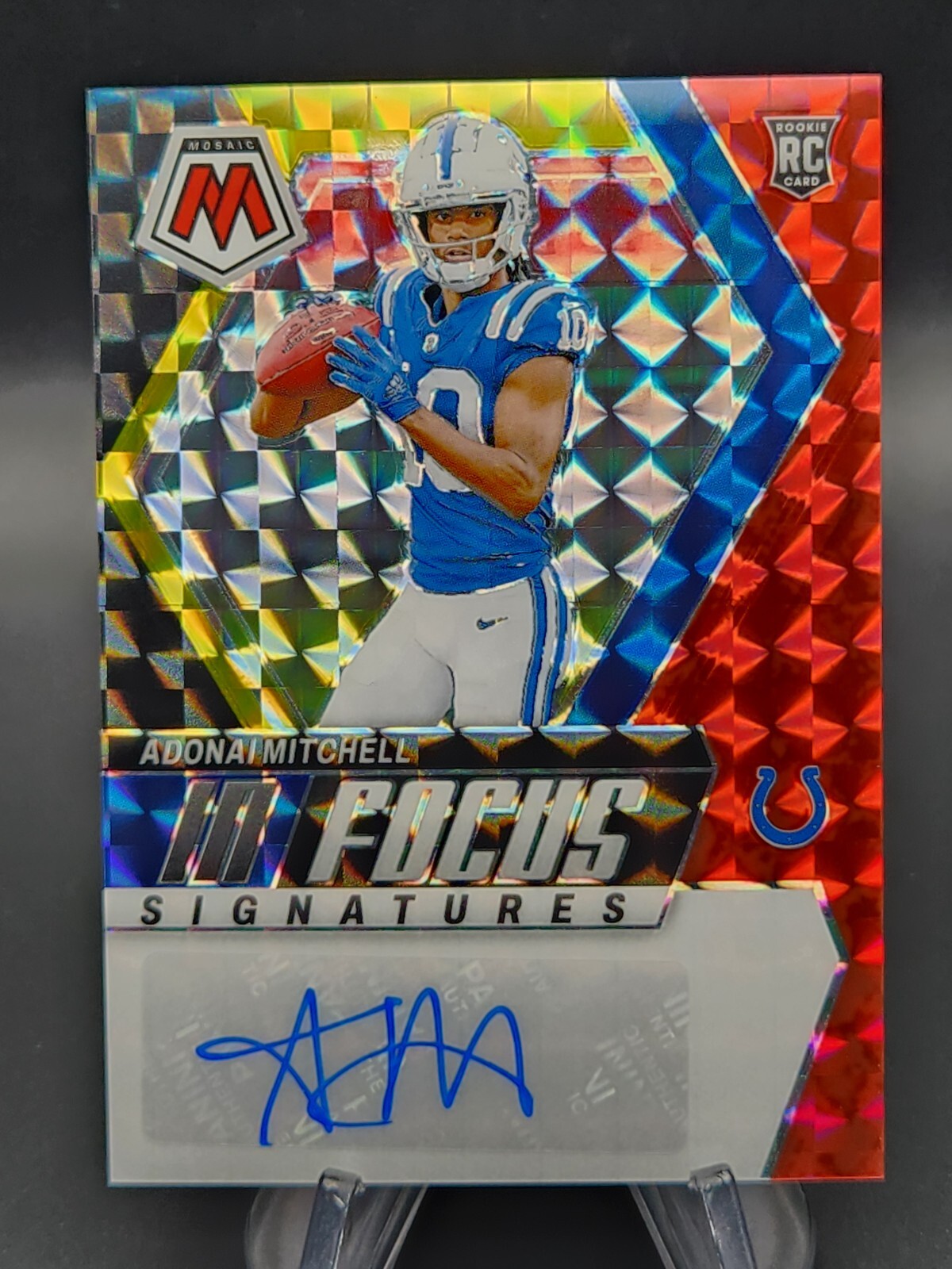 Adonai Mitchell 2024 Panini Mosaic Choice Fusion Red and Yellow In Focus Auto RC