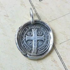 St Benedict Cross Wax Seal Medal - Sterling Silver Antique Replica