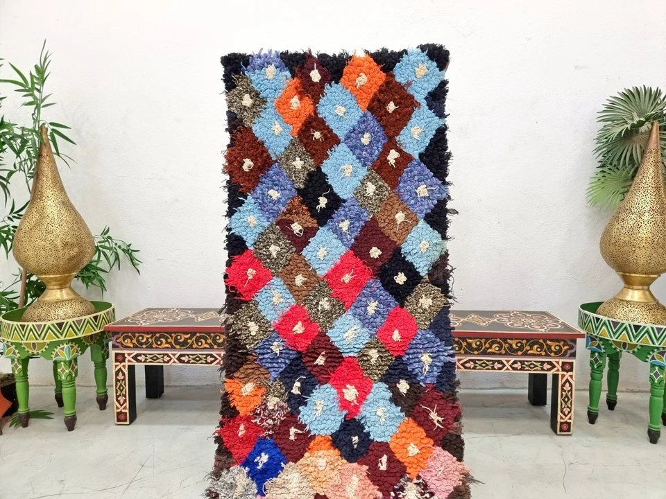 Moroccan Handmade Vintage Rug 2'1x6'2Berber Geometric Blue &Red Cotton &Wool Rug - Image 3 of 4