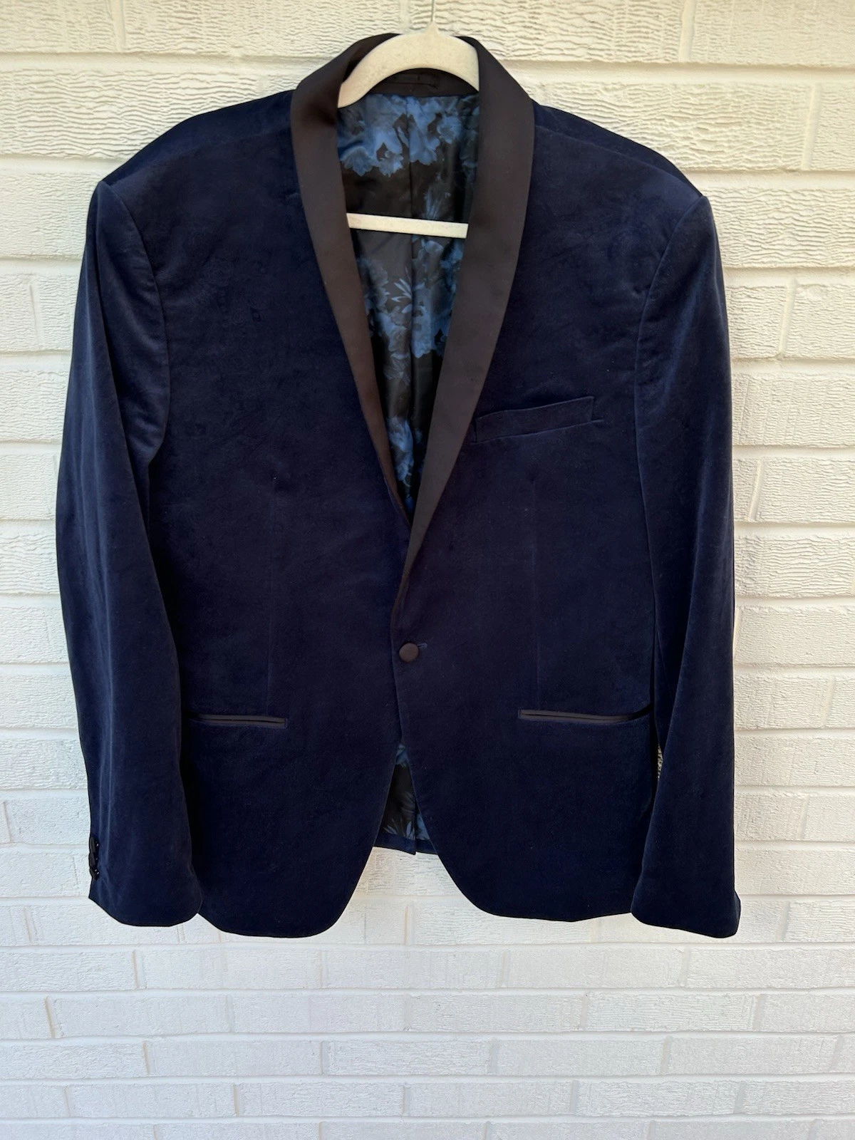 Next Mens Jacket 44R Blue Velvet Slim Tuxedo Blazer Lapels Smoking Floral Dinner
