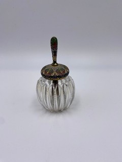 Vintage Cut Glass Small Jar w/ Cloisonne Lid Brush