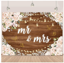 Mr and Mrs Rustic Floral Pink Flower Backdrops for Wedding Reception 7x5ft
