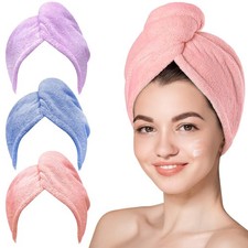 3 Pack Microfiber Hair Towel Wrap for Women, Fast Drying Hair Turban with But...