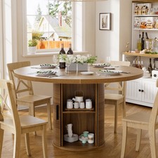 Moderner Runder Esstisch, Braun mit Holzmaserung und Zylindrischer Basisstütze