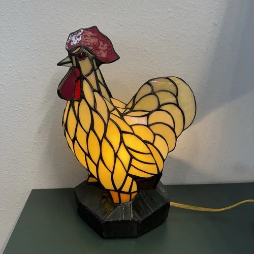 Vintage Tiffany Style 13.5” Stained Glass Chicken Rooster Farmhouse Table Lamp