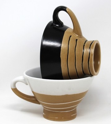 Handmade Studio Art Pottery Coffee Cups Set of 2 Modern Tan Stripes 7oz