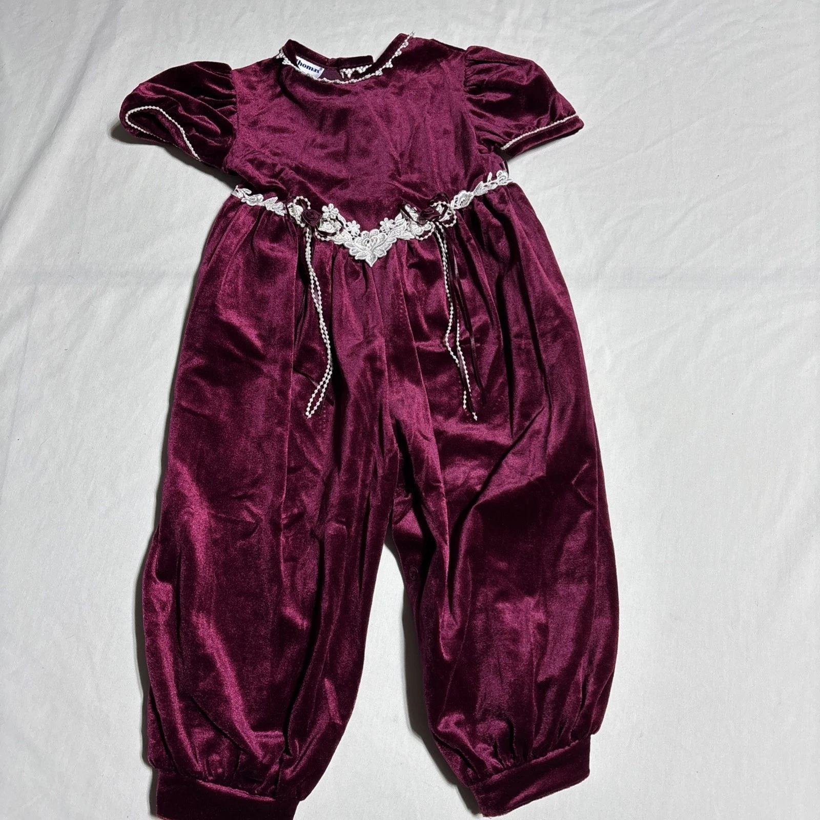 Vintage Thomas Velvet Romper 24 Month Lace Roses Beaded Wine