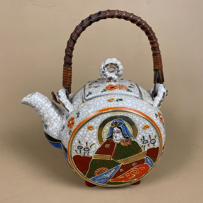 Vintage Chinesische Porzellan Keramik Teekanne Orientalisch Bambus Holzgriff Teekanne