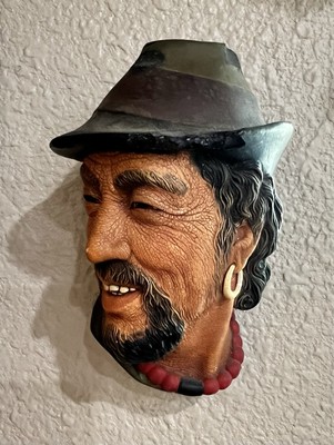 Bossons Romany Wall Head Gypsy Man Chalkware England 1960s Hat & Beads