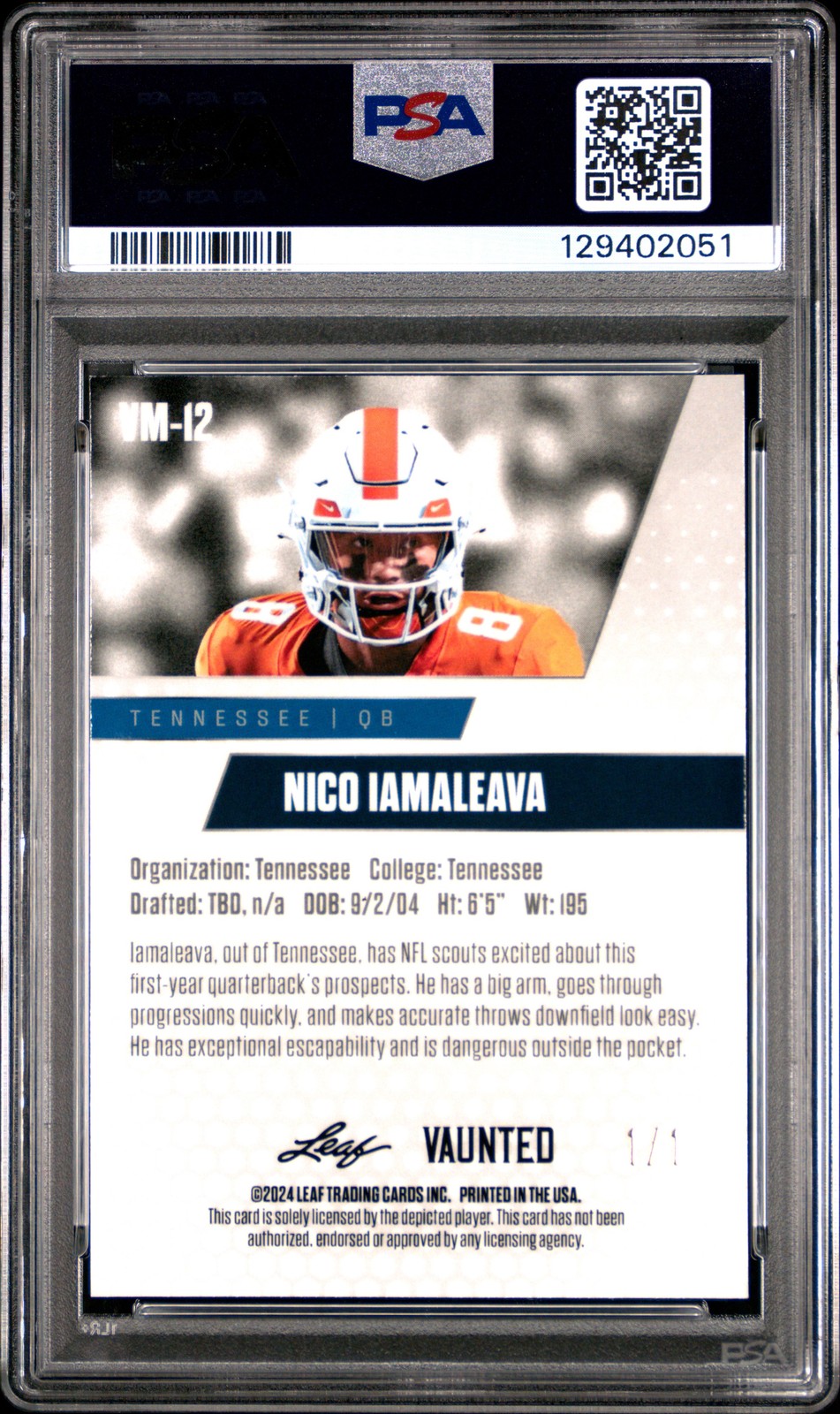 PSA 9 Nico Iamaleava 2024 Leaf Vaunted Metal VM-12 Black Superprismatic 1/1 Card view 2
