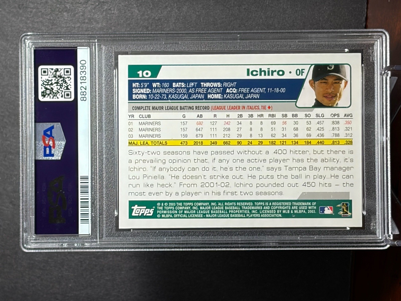 2004 Topps #10 Ichiro Suzuki Seattle Mariners Legend HOF PSA 9 MINT view 2