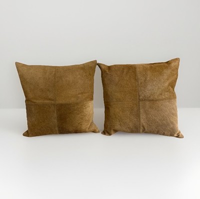 Set of 2 CB2 Camel Patch Cowhide 18'' Throw Pillows Hair On Hide Brown Square