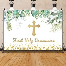 7x5ft God Bless Backdrop First Holy Communion Decorations Eucalyptus Leaves G...