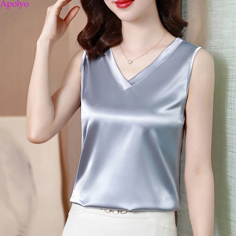 Summer Women V Neck Sleeveless Silk Satin Camisole Tank Top Shirts