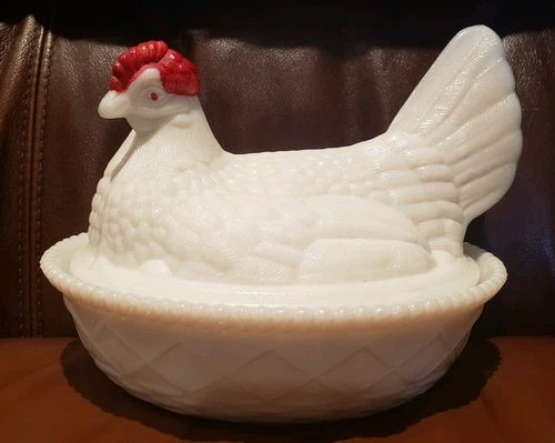 Vtg. WESTMORELAND Hen on Nest Split Tail Tureen Butter Dish Milk Glass Opaque