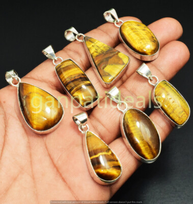 Tiger Eye Gemstone Pendant 925 Silver Plated Wholesale 5pcs Jewelry Lots