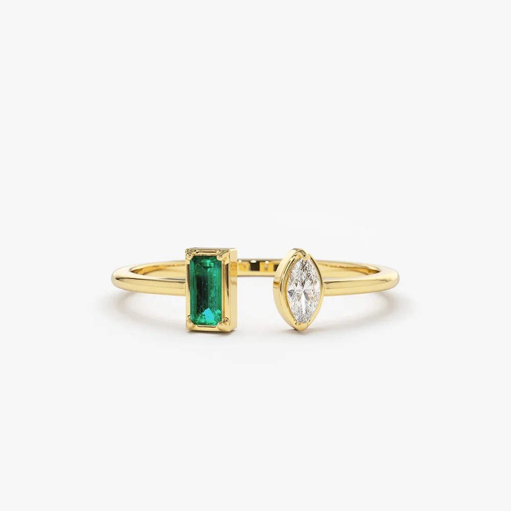 Octagun Emerald Moissanite 14k Yellow Gold Cuff Ring