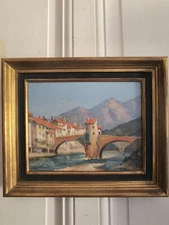 Oil On Panel 'Old Bridge Of Sospel' Framed Eugène Delahogue? 22 X 37 Cm
