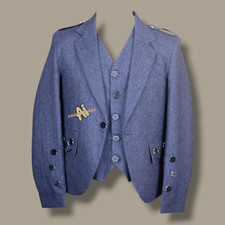 Scottish Men's Blue Tweed Wool Argyle Kilt Jacket Wedding Jacket With Vest
