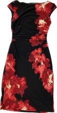 Ralph Lauren Black Red Roses Pullover Sheath Dress  Cap Sleeve Knee Length Sz 2