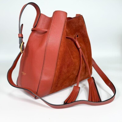 Mulberry Leather Suede Bucket Shoulder Bag with Tassel – Brown