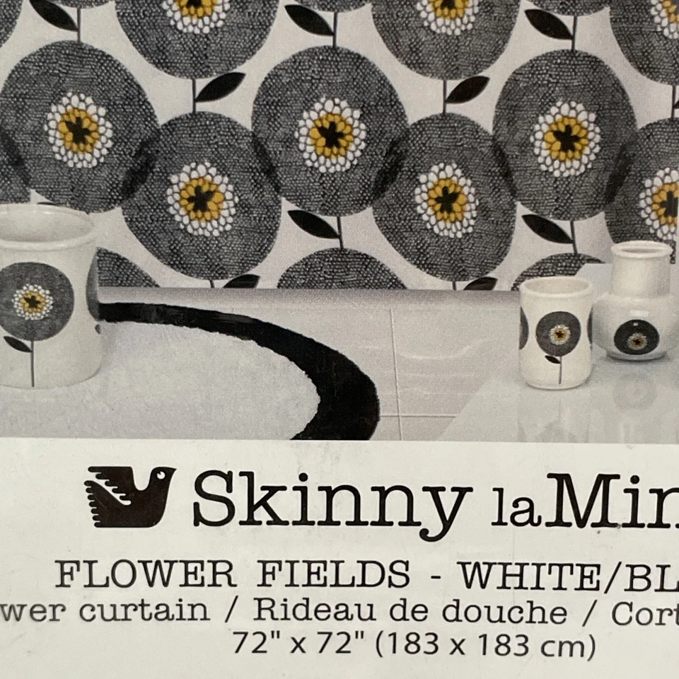 Shower Curtain Skinny laMinx Flower Fields Modern Floral 72×72 White Black New - Image 4 of 4