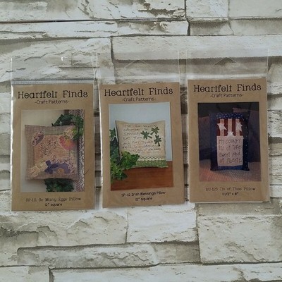 3x Heartfelt Finds Patterns Appliques for 12 in Pillows Eggs Irish Bless Tis of
