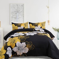 Full Comforter Set Black/Gold Floral Bedding Comforter Sets - Soft Microfiber