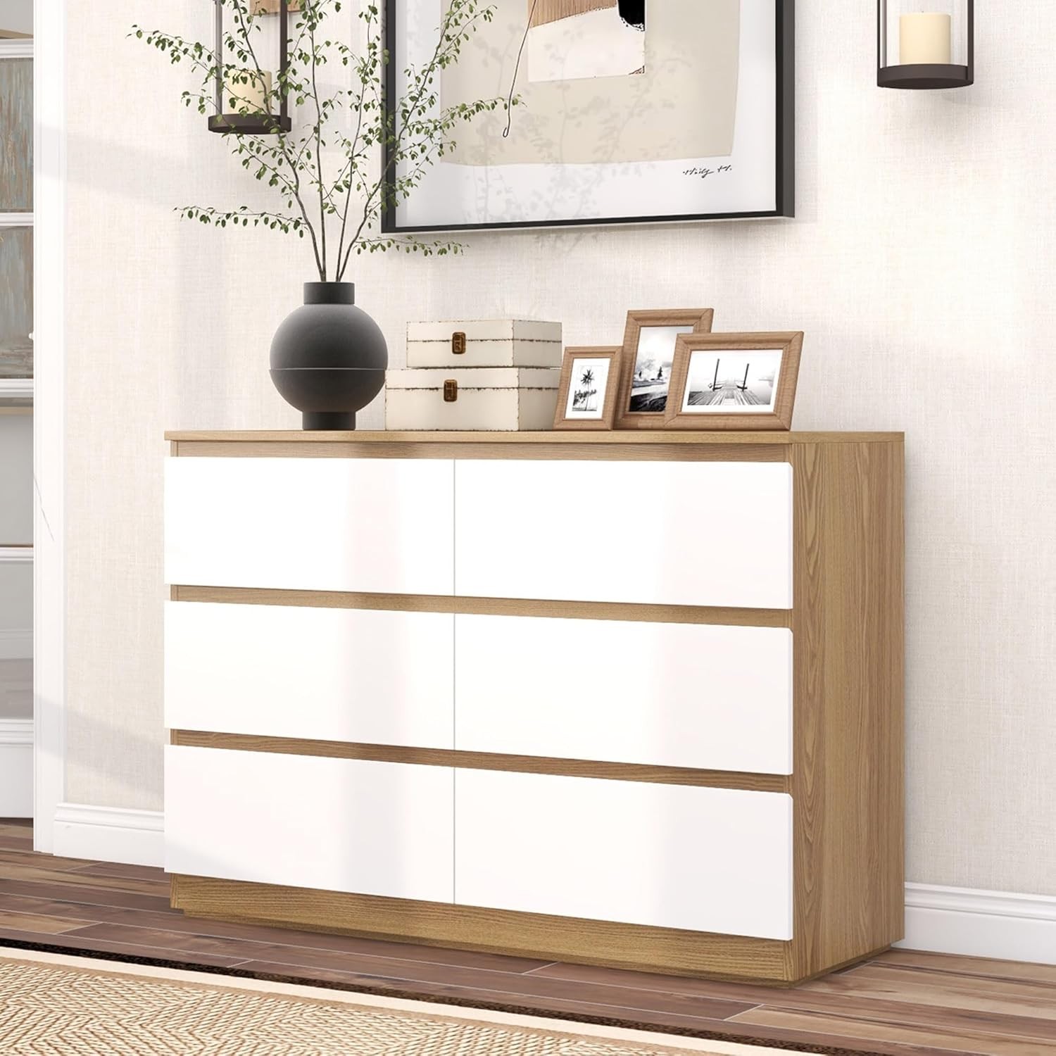 White 6-Drawer Double Dresser for Bedroom with Deep Wooden Storage