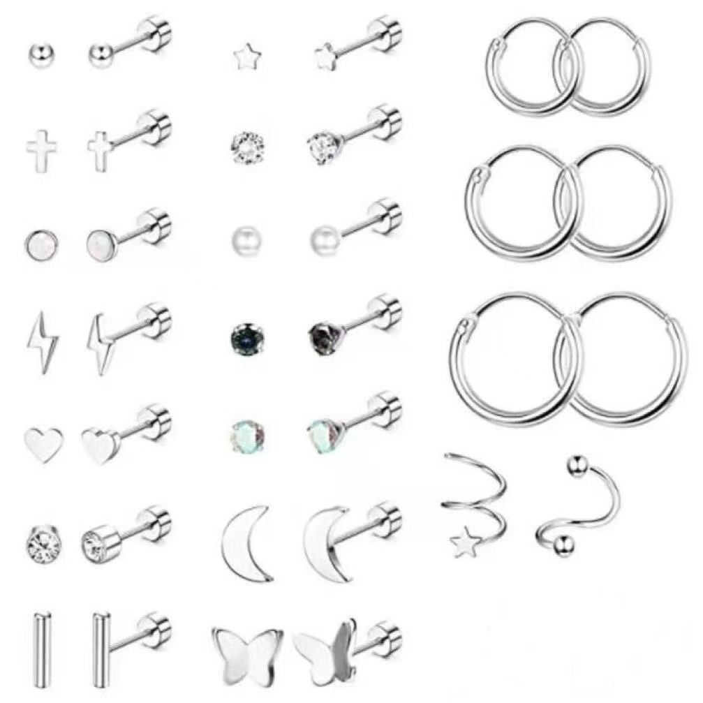 19 pares de aretes de acero quirúrgico aro de circonita espalda plana pequeño perno perforador oreja