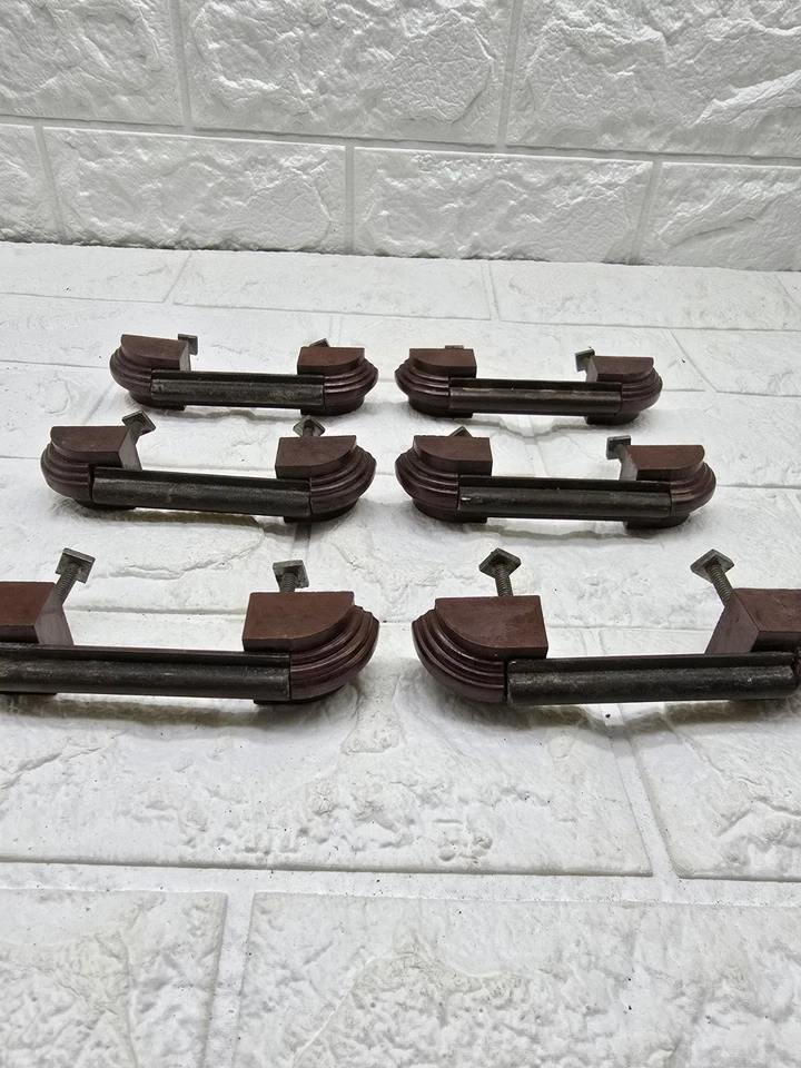 Unusual Set Of 6 Art Deco Drawer Pull Handles Bakelite Brass Brown 10 Cm Long - Image 4 of 4