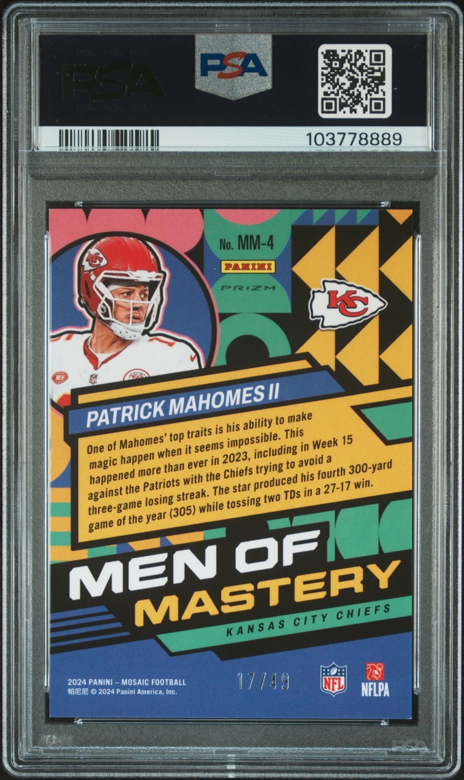 PATRICK MAHOMES 2024 Mosaic Men of Mastery #MM4 PURPLE /49 PSA 9 MINT LOW POP