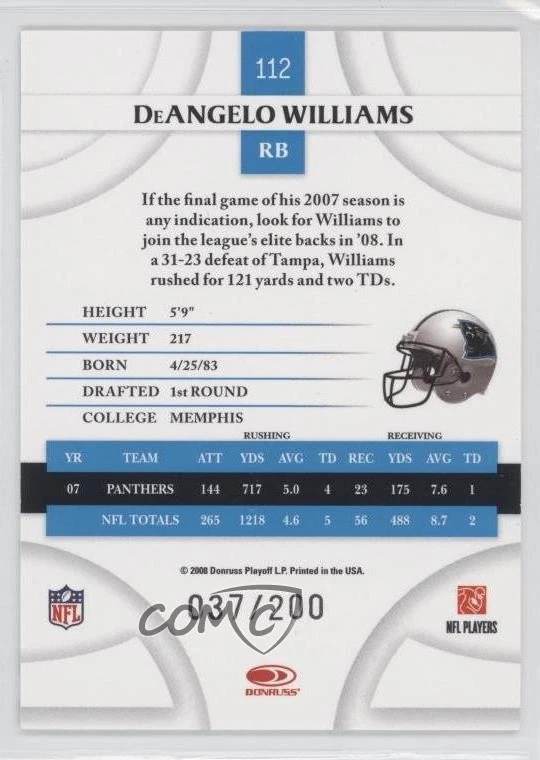2008 Donruss Threads Green Century Proof /200 DeAngelo Williams #112 - Image 2 of 2