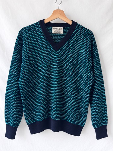 Jaeger, Vintage Jaeger London Sweater Mens 42 L Cotton V Neck Geometric Made in UK