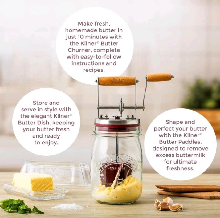 Kilner Clear Glass Butter Churner Home Made Butter Maker with Wooden ...