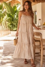 Bella Dahl Tiered Maxi Dress M Champagne Beige Silk Feel Strappy Boho Luxe
