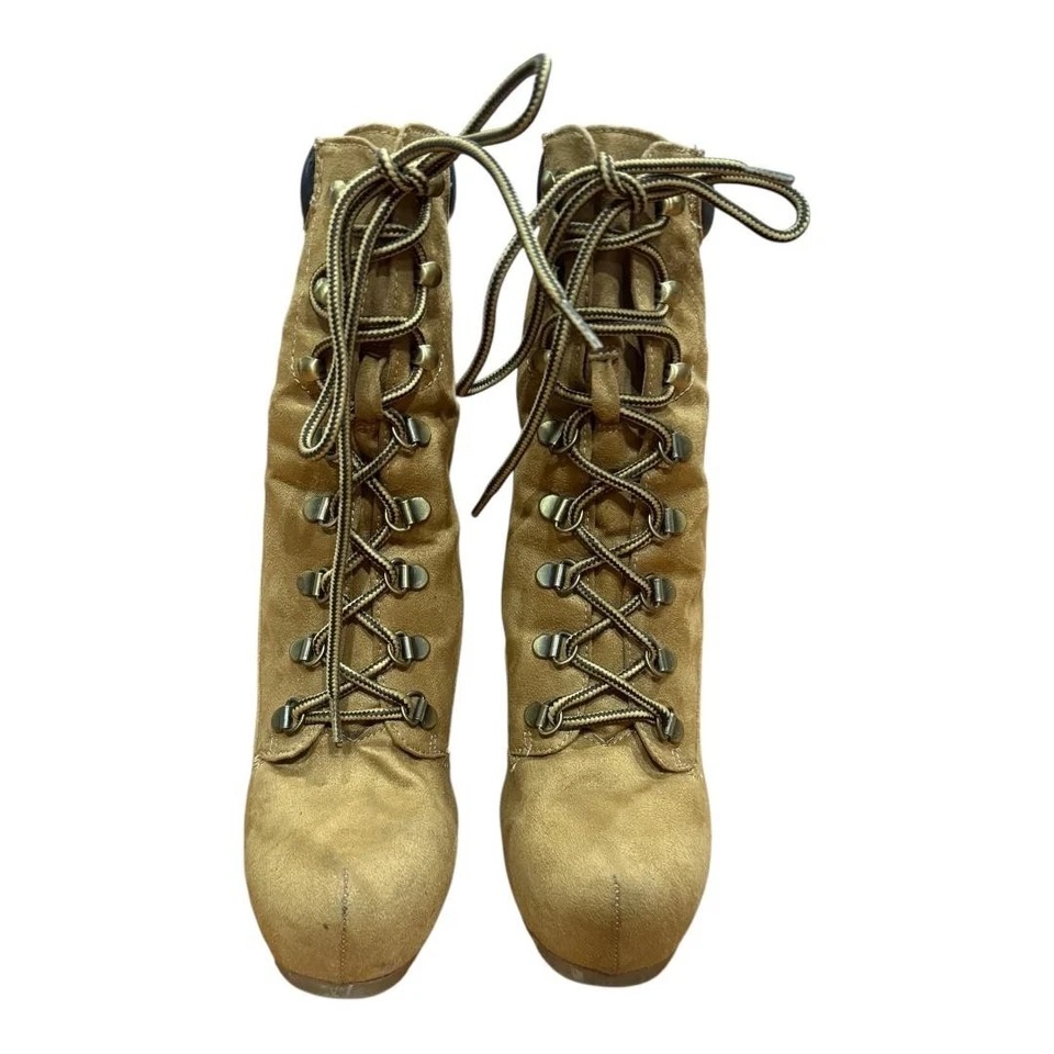 Paprika Lace Up High Heel Boots Womens 10 Tan Faux Suede Stiletto Ankle Booties - Image 3 of 4