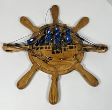 Wooden Ship Wheel Nautical Home Decor 3D Boat 16" MCM Wall Hanging